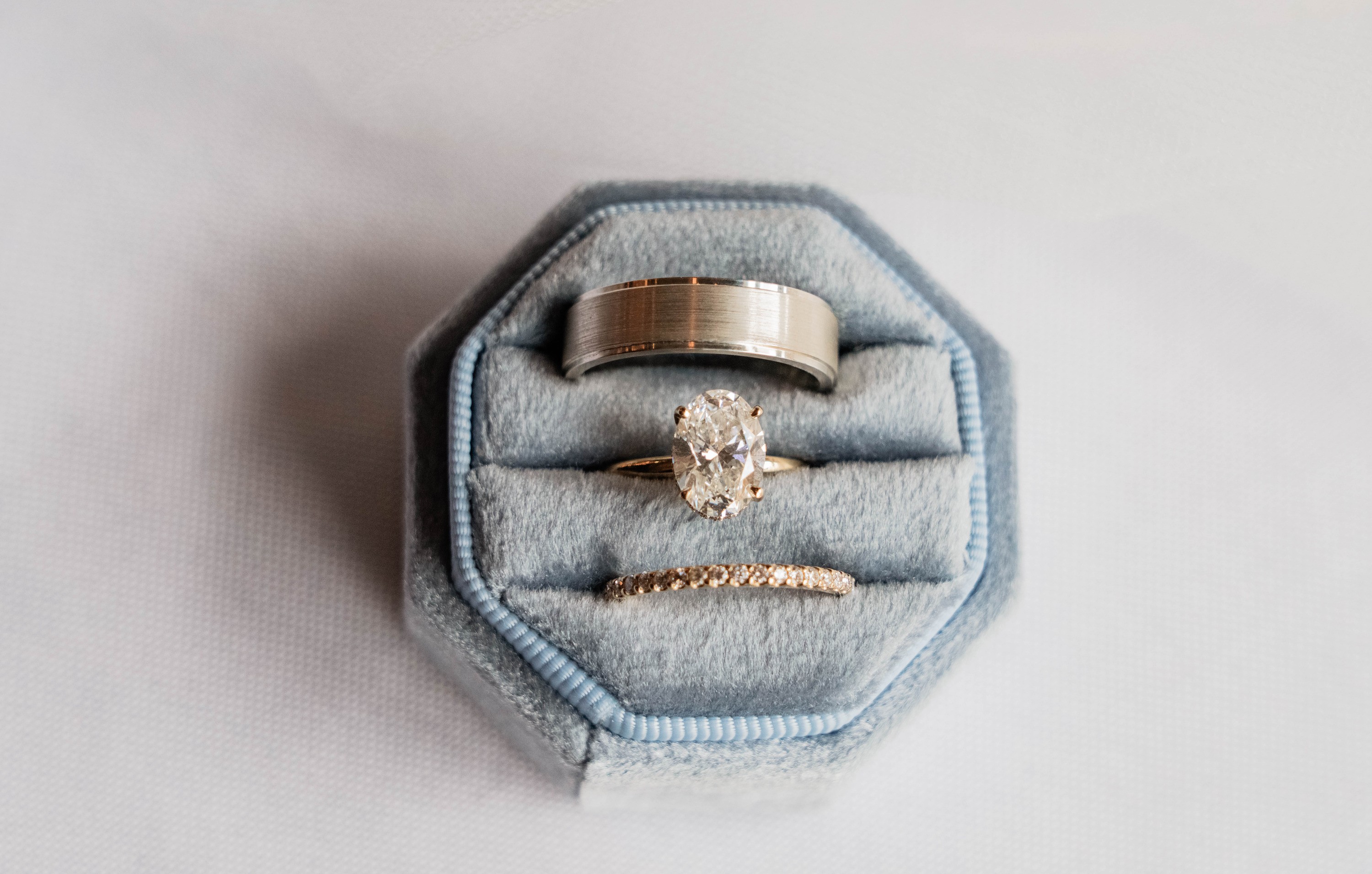 Wedding rings in a blue velvet ring box